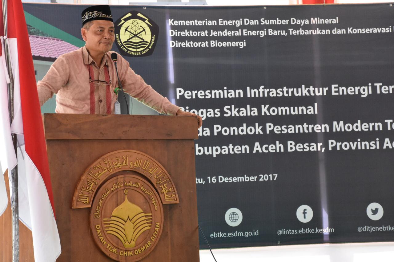 Bekerja sama dengan Pemerintah Kabupaten Aceh Besar dan Pondok Pesantren Oemar Diyan, Ditjen EBTKE melaksanakan pembangunan infrastruktur energi terbarukan berbasis bioenergi biogas skala komunal
